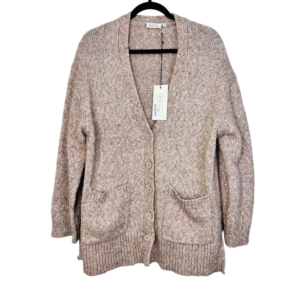 MASAI button Up WOOL blend Knit Oversized Sweater Cardigan women  M Pink/ Cream